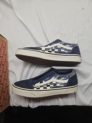 Vans Old Skool Checker Flame Board Navy Blue Suede True White Mens 8.5