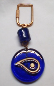Keychain Dark Blue Glass Greek Evil Eye Brass Colored Key Ring Screw Locking VTG