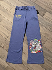 ED HARDY WOMENS TIGER LOTUS FLOWER FLARE SWEATPANTS, COTTON/POLY, COBALT, NWT