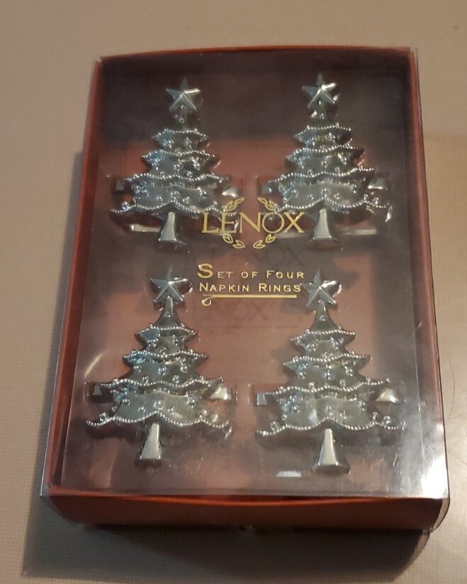 LENOX HOLIDAY NOEL NAPKIN RINGS HOLDERS SILVER CHRISTMAS TREE SET OF 4 EUC