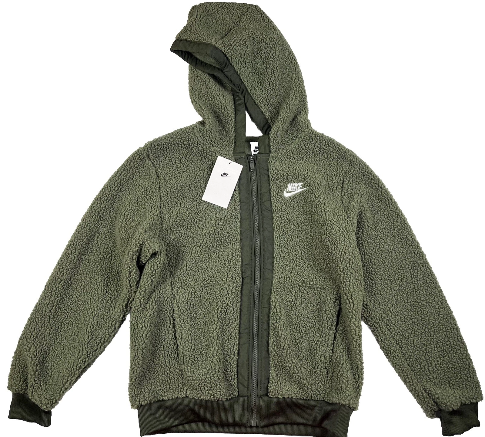 Nike Jacket Kids L Olive Full Zip Sportswear Club Fleece Winterized Sherpa