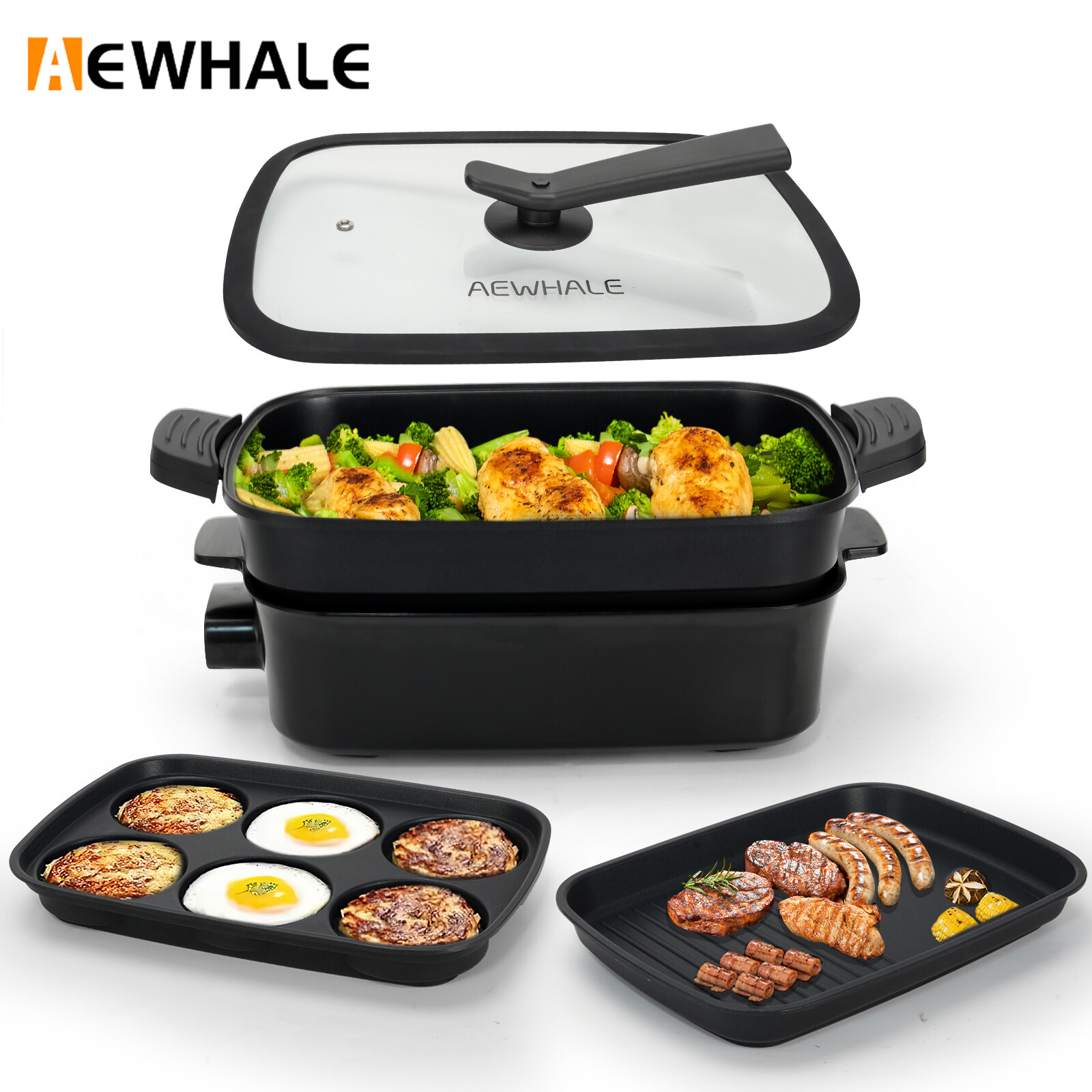 3-in-1 Multifunctional Electric Skillet Grill Griddle Non-Stick W/ Plate+Pot+Lid