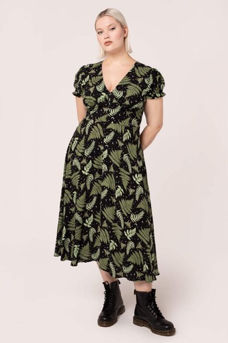 Gaia Dress Hell Bunny xl-6xl 16-26 black green leaf floral midi celestial alt - Picture 8 of 13