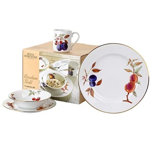  Evesham Gold Dinnerware Set | 16 Piece Dish Set with Vibrant Fruit Motifs | 
