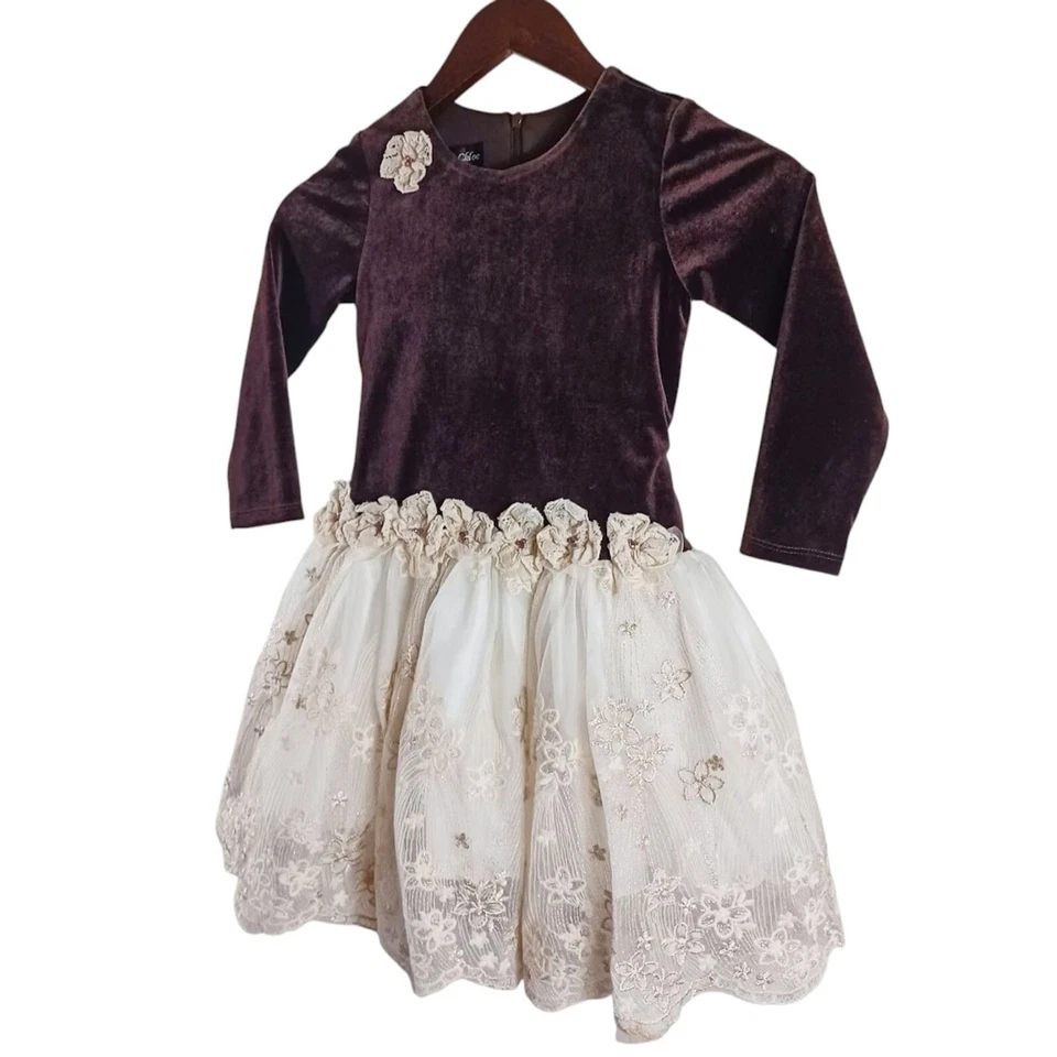 Vestido Isobella & Chloe Niñas Talla 5 Marrón Terciopelo Marfil Encaje Tul Falda Vacaciones Foto 3 de 4