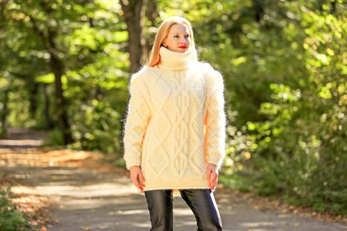 SuperTanya ivory mohair sweater thick cable mohair pullover ready to ship size L - Picture 4 of 9