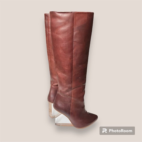 🙂 ¡Botas vintage de cuero Y2K tacón transparente rodilla con cuña alta! Talla 6 - Imagen 5 de 10