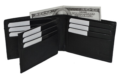 Black RFID Blocking Mens Bifold Card ID Credit Flap Genuine Leather Wallet