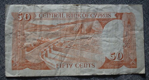 Cyprus 50 Cent Banknote 1988 Issue Pick #52, Circulated VG/F - Picture 2 of 2