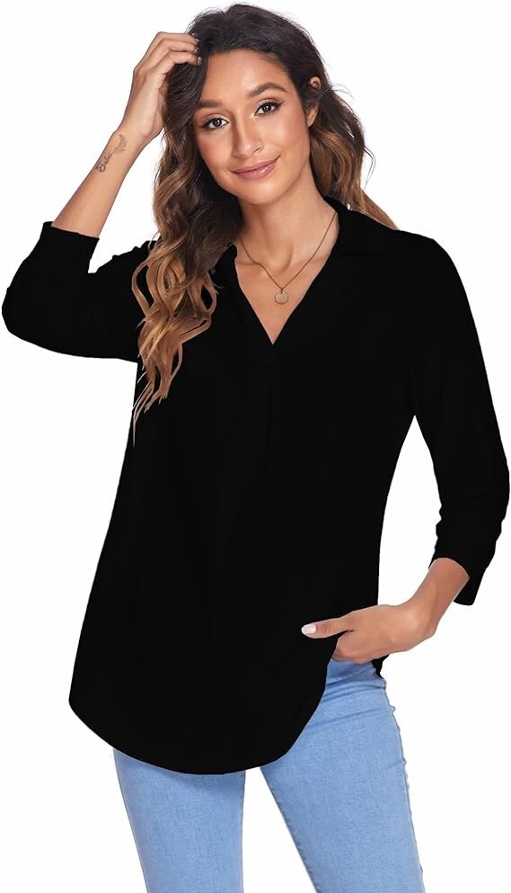 Newchoice Womens Collared V Neck 3/4 Sleeve Shirts Tops Loose