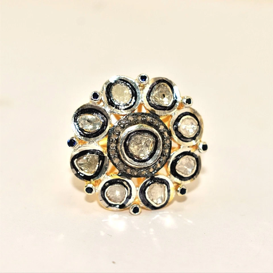 Polki Pave Diamond Ring 925 Sterling Silver Gold Plated Ring Christmas Gift - Image 3 of 4