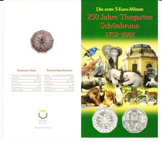 5€ 800er Silbermünze Österreich 2002 250 Jahre Tiergarten Schönbrunn