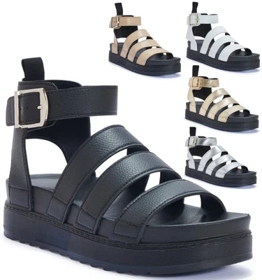 DAMEN FRAUEN FLACHE FORM GLADIATOR PLATEAU GROBE SOHLE RIEMCHEN SOMMER SANDALEN GR.