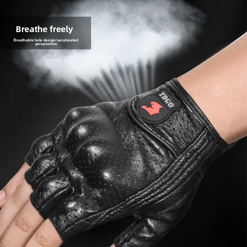 Summer Half-finger Motorcycle Motorbike Glove Genuine Leather Touchscreen Vented - Image 3 of 4