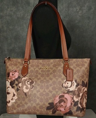 Coach Gallery Tote Bag In Signature Canvas  Leather With Rose Print CZ180 EUC