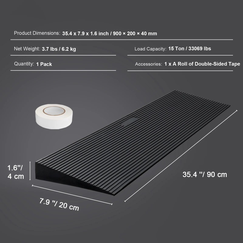KFFKFF Cuttable Threshold Ramp Rubber Wheelchair Ramp Solid 1.6" Rise 35.4" Wide