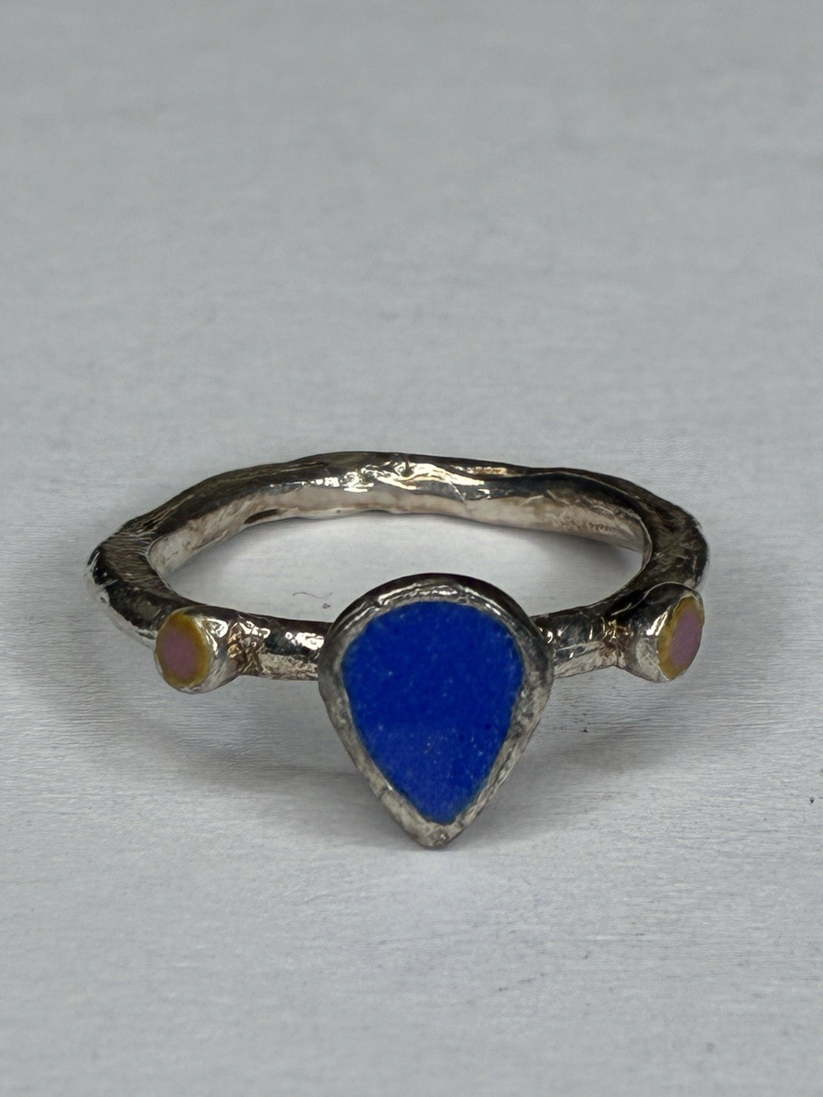 Handcrafted Silver Blue Stone Ring with Orange Ac… - image 1