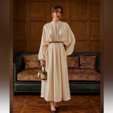 Cider STAND COLLAR PLEATED CINCHED WAIST LONG SLEEVE MAXI DRESS M CC24-19