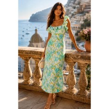 Zimmermann High Tide Frilled Midi Dress Aqua Ikat Floral Linen Size 3 US 10