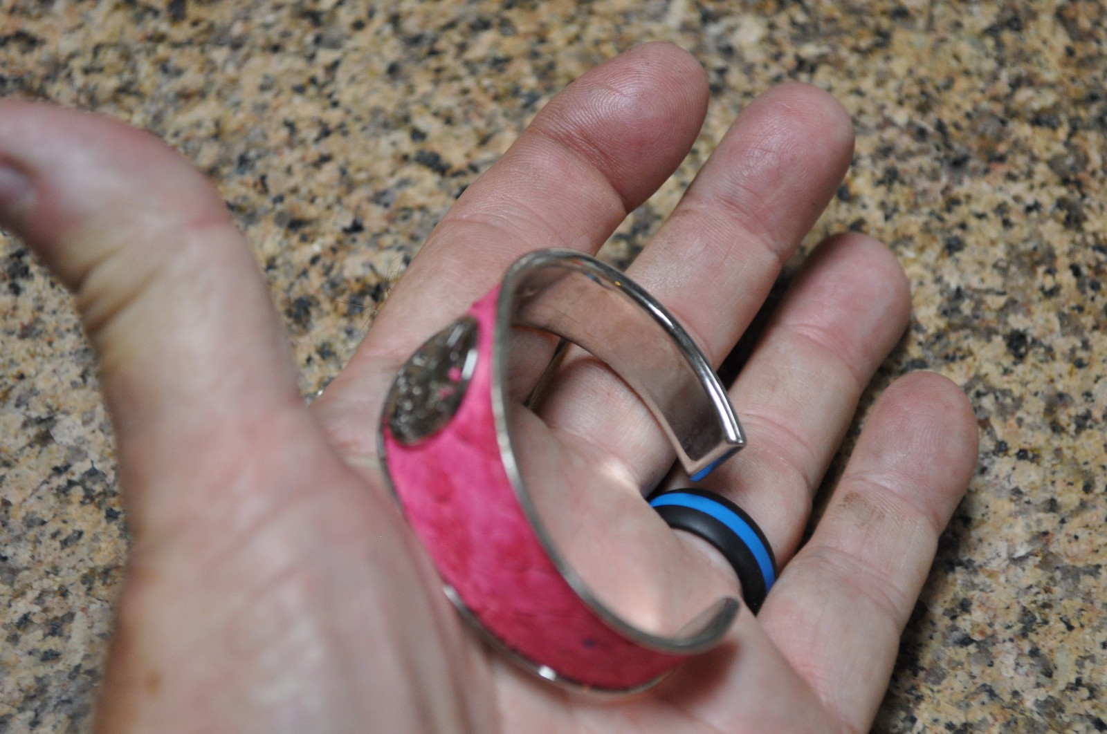 Rustic Cuff Bracelet Pink Python Silver  Tone Met… - image 10