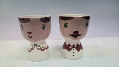 Vintage Cleminsons Pottery Hand Painted Double Egg Cups ''For a Good'' Man & Women