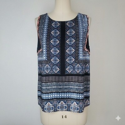 ReneeC. Size L Cami Top Blouse Sleeveless Tank Handkerchief Mandala Boho Blue