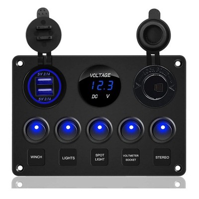 5 Gang Multi-Function Rocker Switch Panel 4.2A Dual USB Charger with Circuit ...