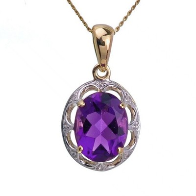 Halskette 9 kt Amethyst Gelbgold 1,5 kt lila oval natürlicher Edelstein