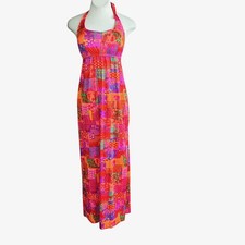 Accentuette Dress Vintage 60s 70s Neon Pink Nylon Maxi Halter Summer Size 36B