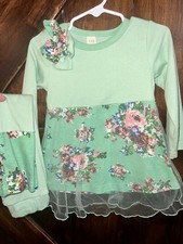 Girls Floral Mint Green Dress Set Long Sleeve Bow With Pants