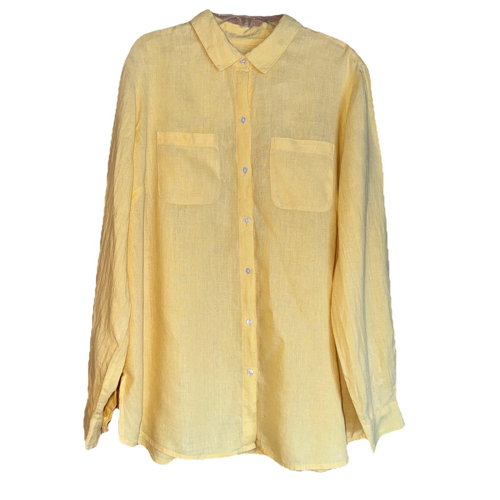 Charter Club Yellow 100% Linen Button-Front Roll Tab Long Sleeve Shirt Women’s L