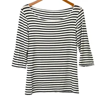 Majestic Filatures Striped Boat Neck Top Deluxe Teeshirt Navy White Size 4 / L