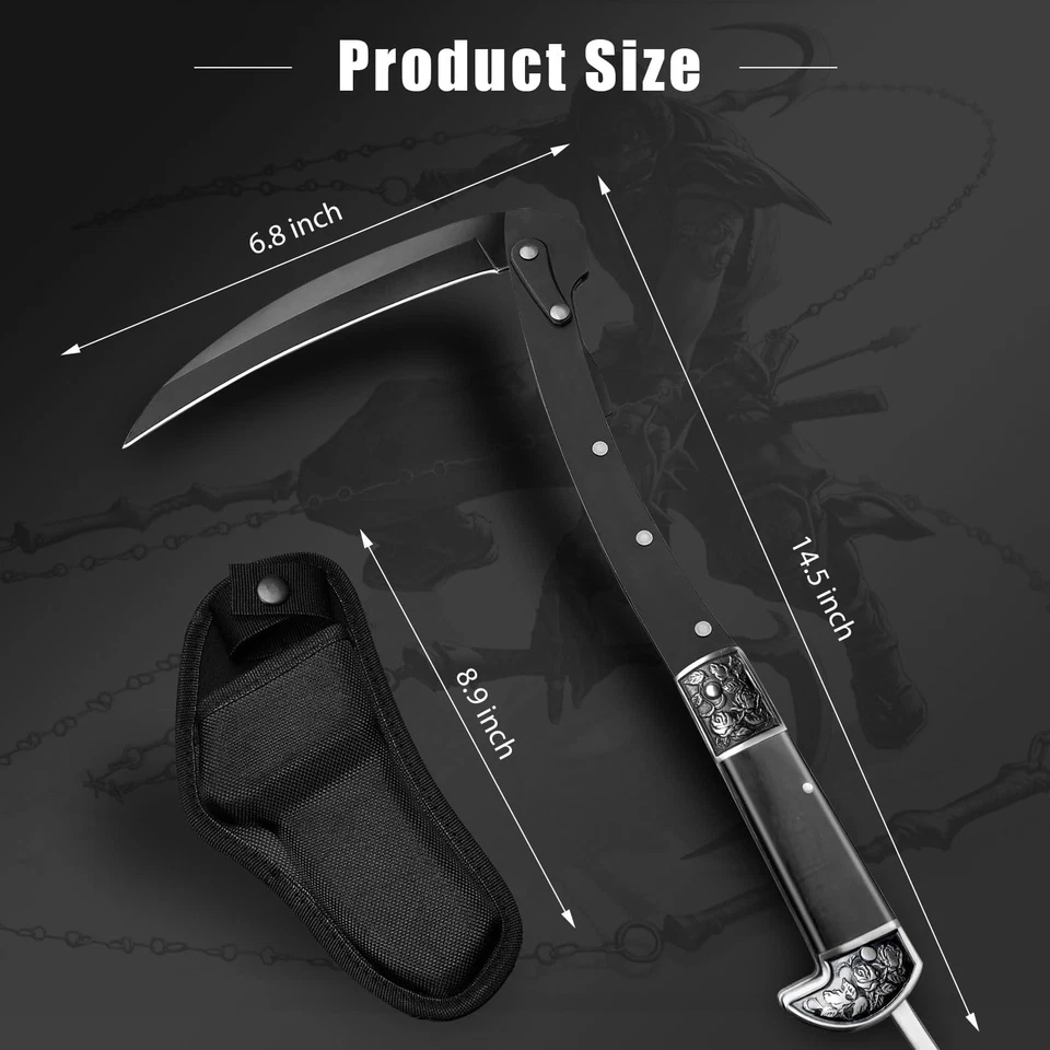 Faca foice dobrável afiada preta, faca foice dobrável de duas seções, mão de madeira - Imagem 2 de 4