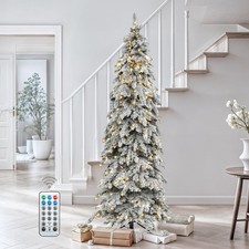 DWVO Pre-Lit Flocked Slender Spruce Artificial Christmas 7ft 6in, Snowy White