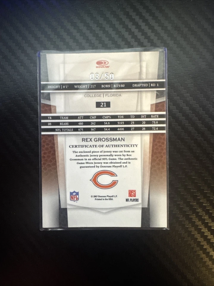 Materiales certificados Leaf 2007 - Rex Grossman #21 materiales azules espejo/50 (MEM) Foto 2 de 2