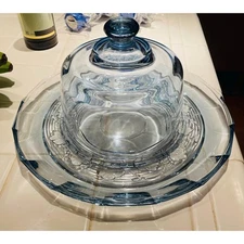 Vintage Anchor Hocking Blue Depression Glass Cheese/Snack Dish with Dome Lid