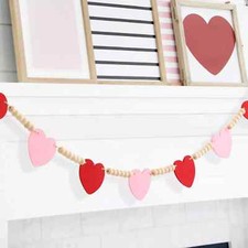 Valentines Day Decor-Red Pink Felt Heart Wood Beads Garland