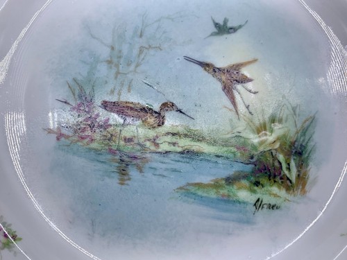 ANTIQUE DINNER PLATE LIMOGES SIGNED ROSE GARLAND GOLD BIRD DUCK PHEASANT SET 4 - Picture 4 of 12