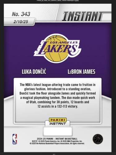 2025 PANINI INSTANT ⭐ LUKA DONCIC & LEBRON JAMES DEBUT ☄️ N. 343 - Imagen 2 de 2
