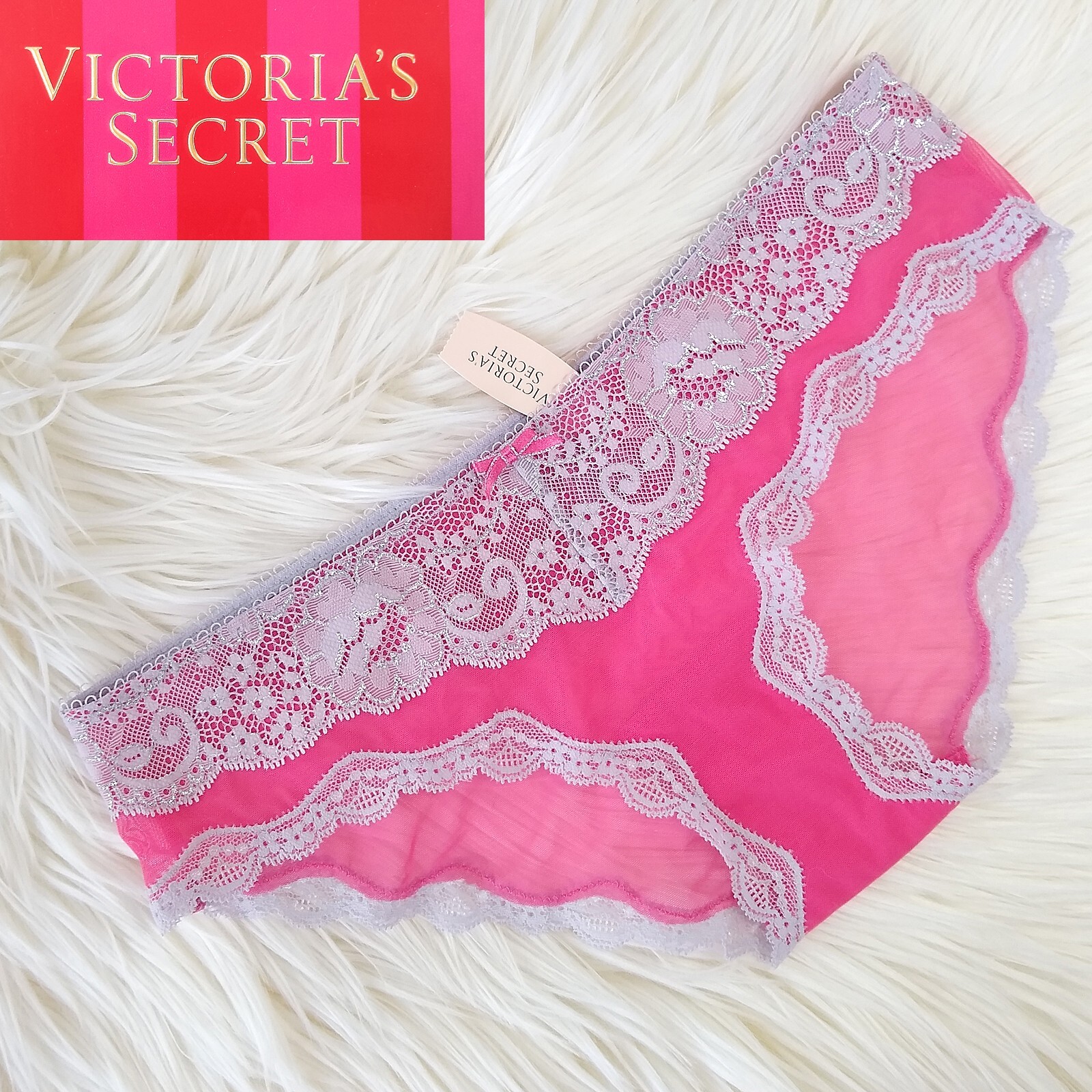 NWT 2011 Victoria's Secret Panties Dream Angels Silver Lace Pink Mesh