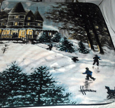 CHRISTMAS WINTER PLUSH THROW BLANKET Night Winter Scene KIDS SKATING Anderson