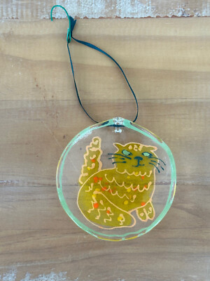 CAT SUN CATCHER Clear Glass Yellow Cat Hanging Ornament Whimsical 3.5  Cat Lover