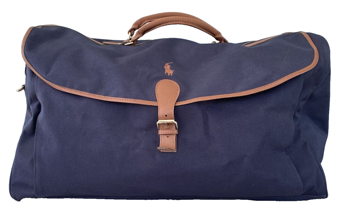 Polo Ralph Lauren Duffle Bag Navy Blue Brown Faux Leather Polo Ralph Lauren Duffle Bag Navy Blue Brown Faux Leather