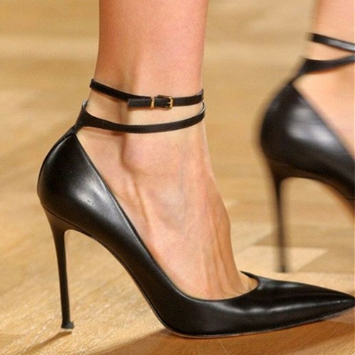 Womens Black Ankle Strap Pointed Toe 