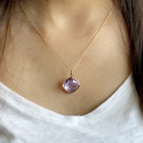 Natural Amethyst Fine Pendant Fancy Faceted Cushion 18k Yellow Gold February - Picture 2 of 5
