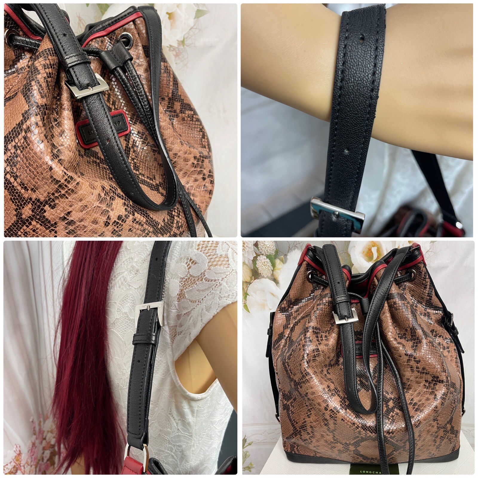 LONGCHAMP PYTHON EMBOSSED LEATHER BUCKET BAG Mint… - image 10