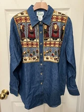 Quacker Factory Blue Denim Button Shirt OLD TIME SANTA Novelty Size M Cotton EUC