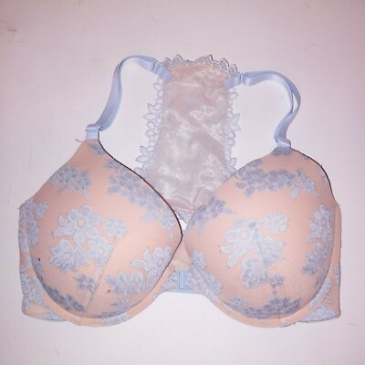 Victoria Secret PINK Bra 32DD Push Up Front Close Light Blue Floral Underwire