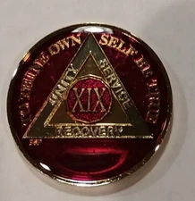 19 Year AA Sobriety Coin Medallion- Rich Mandarin Red Enamel 19th Year XIX BSP