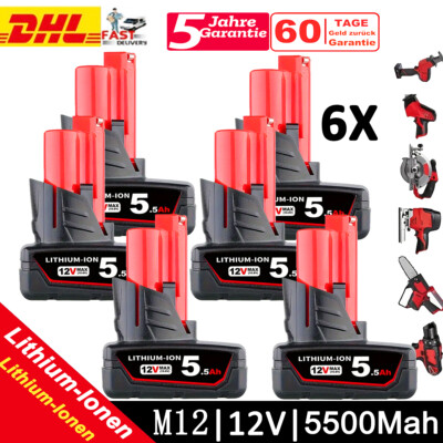 6NEU  Ersatzakku Für Milwaukee M12 B6 LI-Ion XC 5,5Ah 12V M12 48-11-2402